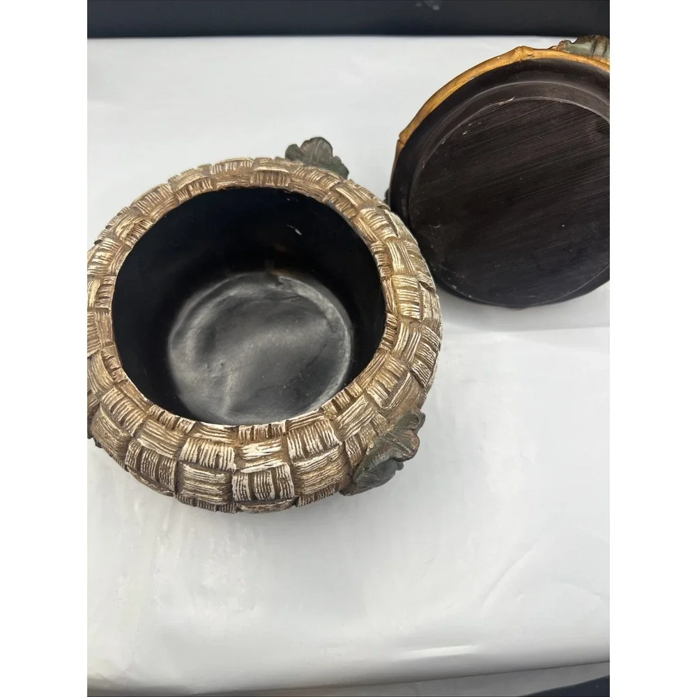 Vintage Lidded Monkey Trinket Box Resin Woven Basket Tureen Jar Jungle Decor